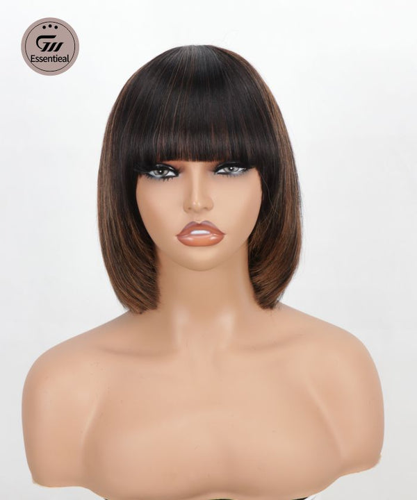 【Essential】 On the Go Glueless Highlights Brown Human Hair Straight bangs layered Lace Minimalist Wig