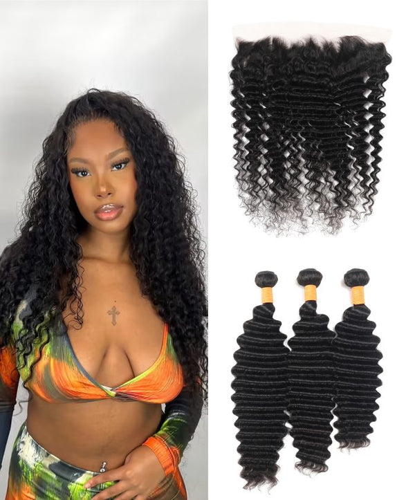 Deep Wave Layered Bundles With Frontal 13x4 Lace Front Human Hair Extensions