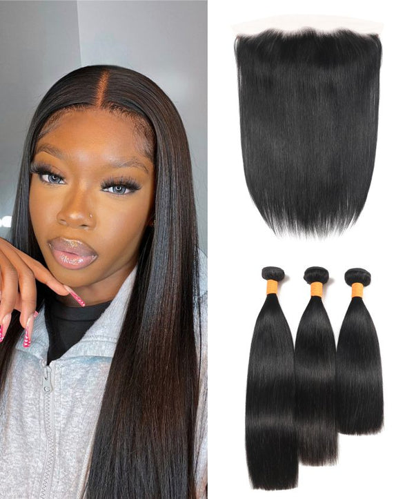 Silky Straight Layered Bundles With Frontal 13x4 Lace Front Human Hair Extensions