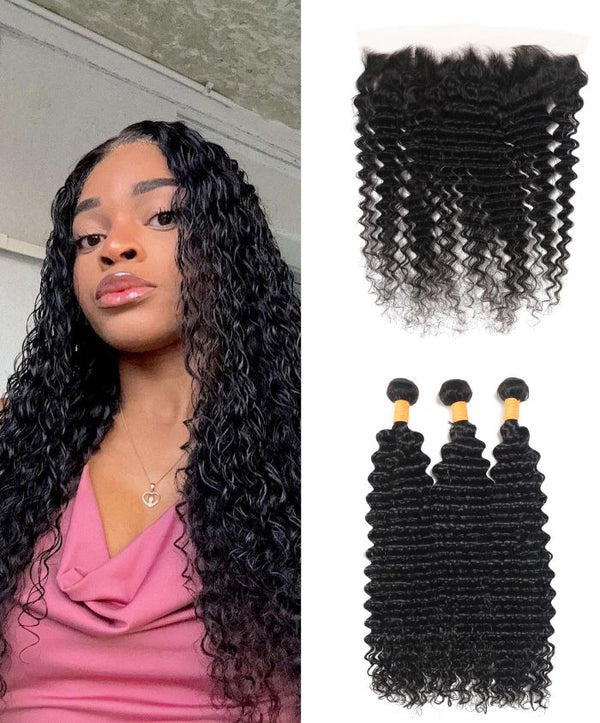 Deep Wave Bundles With Frontal 13x4 Lace Front Human Hair Extensions