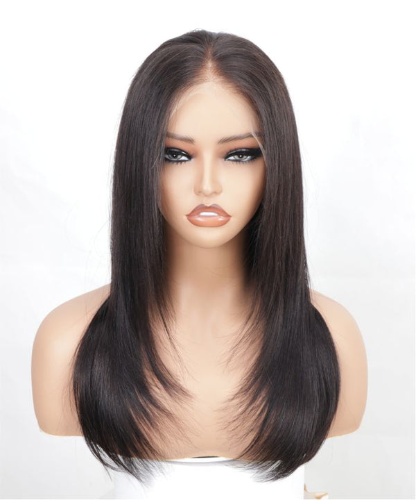 Genuine Mid-Length Black Human Hair Chic Straight Layered HD Lace Front 13X4 Wig