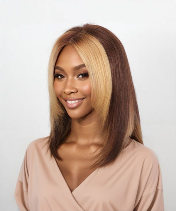 Honey Blonde Highlights Bob Human Hair Straight Layered Lace Front 13X4 Wig