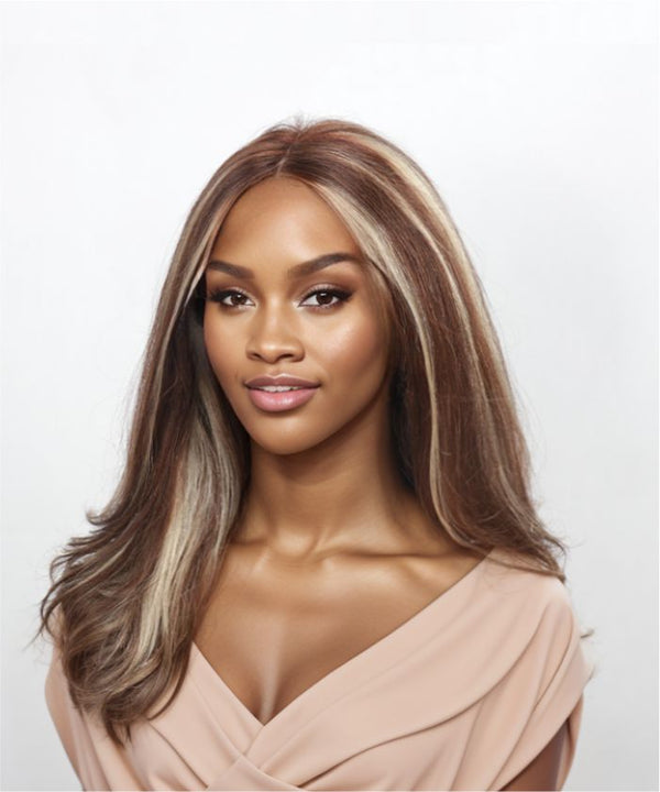 Brown Highlights Human Hair Straight Layered Lace Front 13x4 Wig