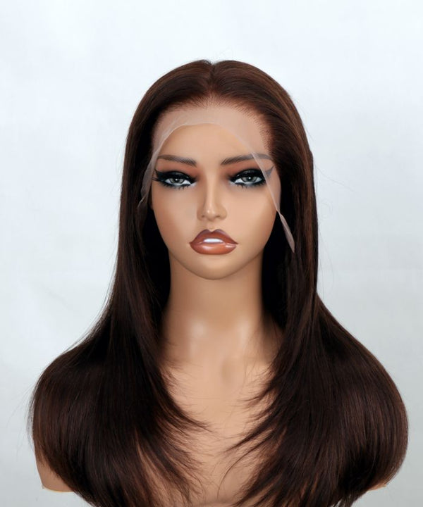 Genuine Mid-Length Chocolate Brown Human Hair Chic Straight Layered HD Lace Front 13X4 Wig