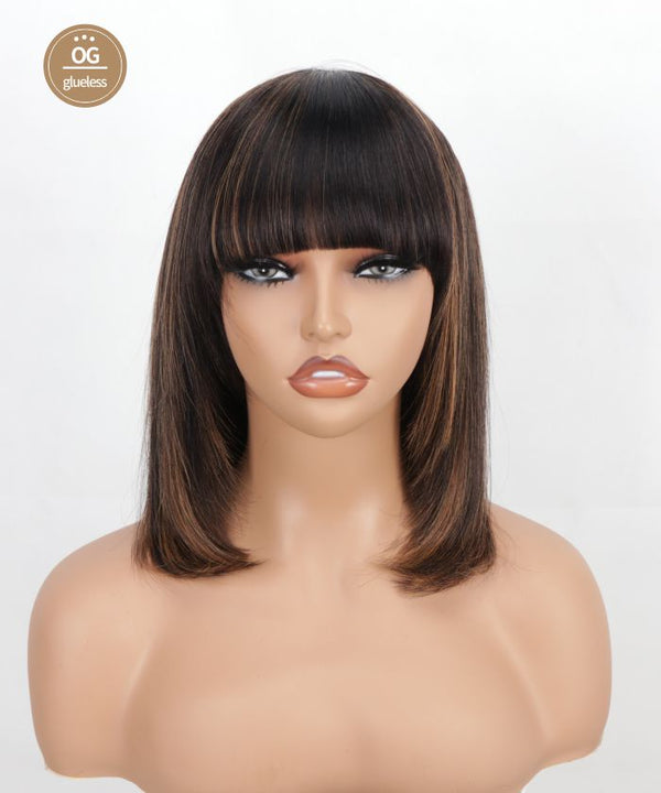 On the Go Glueless Highlights Brown Human Hair Straight bangs layered Lace Minimalist Wig
