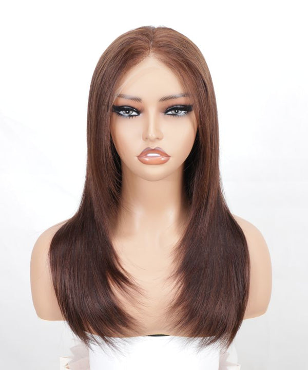 【Essential】Genuine Mid-length Chocolate Brown Human Hair Chic Straight Layered Lace Transparent Front 13X4 Wig