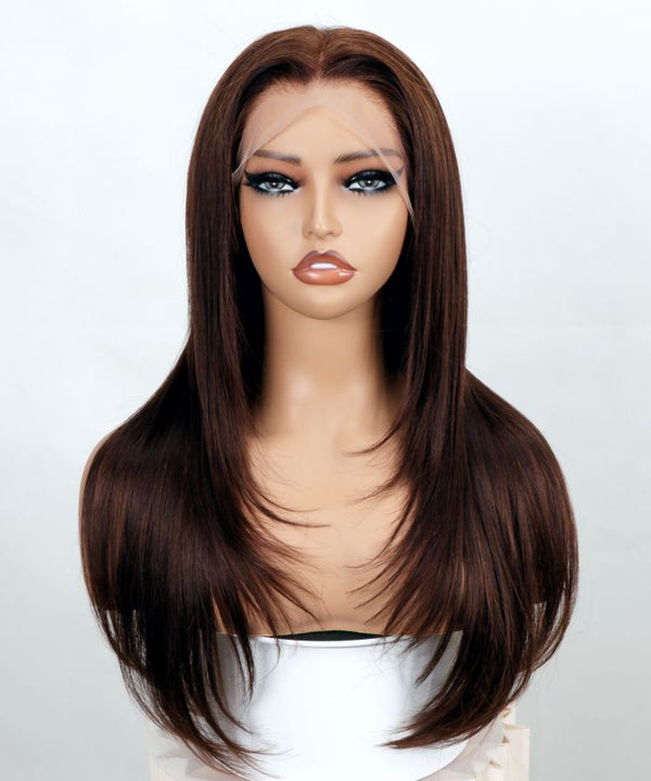 Genuine Cholocate Brown Human Hair Trendy Straight Layered Lace Transparent Front 13x4 Wig