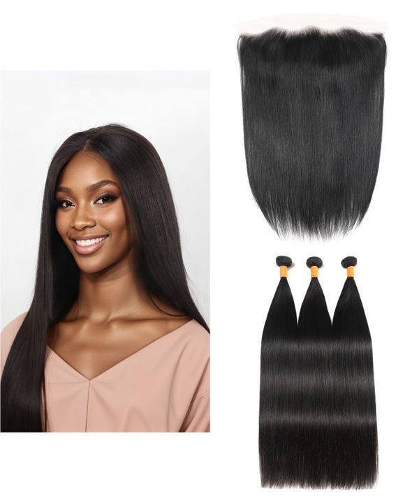 Silky Straight Bundles With Frontal 13x4 Lace Front Human Hair Extensions