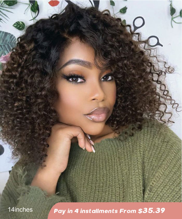 On the Go Glueless Bob Premium Ombre Brown Human Hair Kinky Curly HD Lace 5x5 Wig